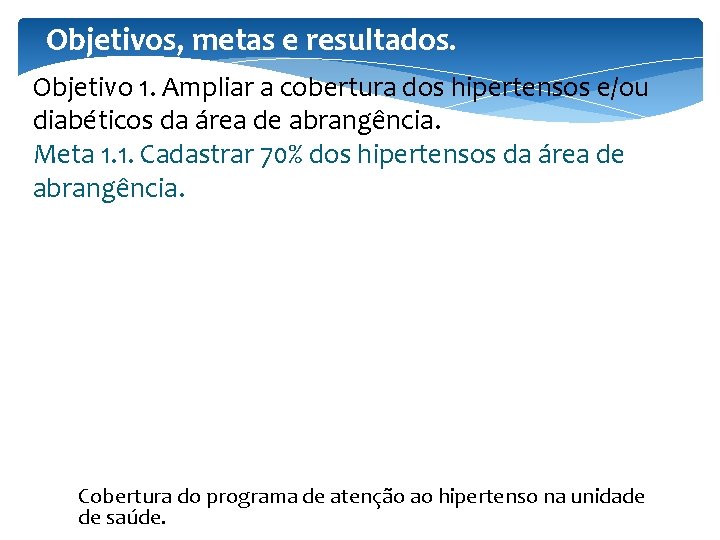 Objetivos, metas e resultados. Objetivo 1. Ampliar a cobertura dos hipertensos e/ou diabéticos da