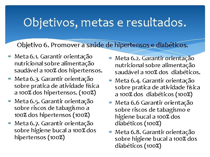Objetivos, metas e resultados. Objetivo 6. Promover a saúde de hipertensos e diabéticos. Meta