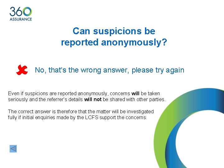 Can suspicions be reported anonymously? No, that’s the wrong answer, please try again Even
