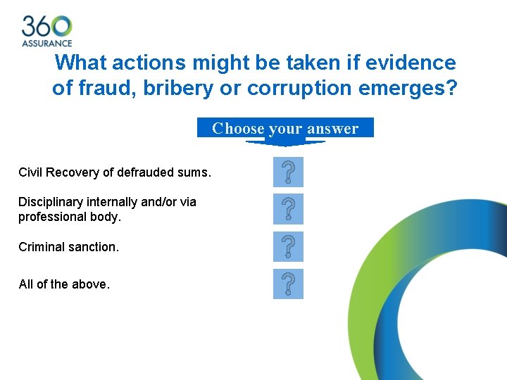 What actions might be taken if evidence of fraud, bribery or corruption emerges? Choose