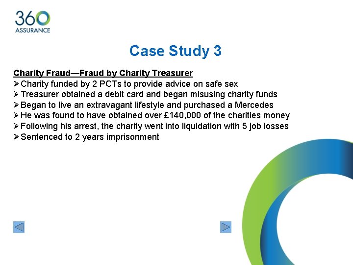 Case Study 3 Charity Fraud—Fraud by Charity Treasurer ØCharity funded by 2 PCTs to