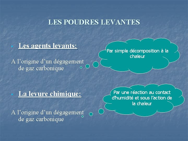 LES POUDRES LEVANTES • Les agents levants: A l’origine d’un dégagement de gaz carbonique
