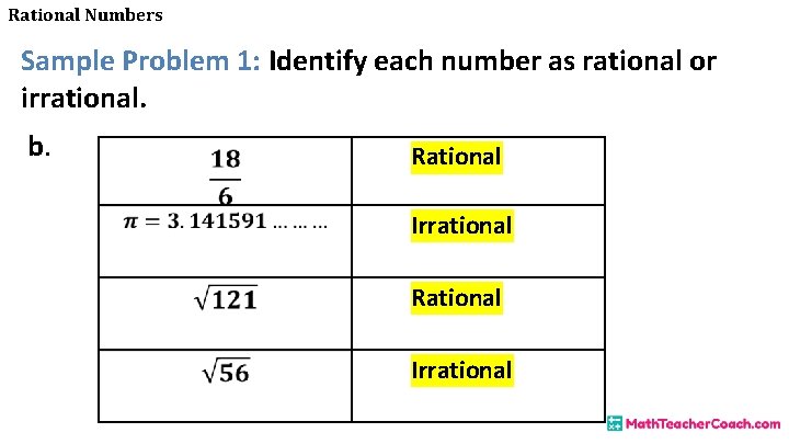 Rational Numbers Sample Problem 1: Identify each number as rational or irrational. b. Rational