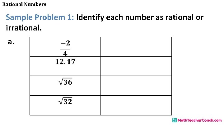 Rational Numbers Sample Problem 1: Identify each number as rational or irrational. a. 