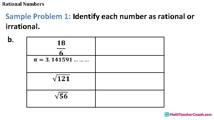 Rational Numbers Sample Problem 1: Identify each number as rational or irrational. b. 