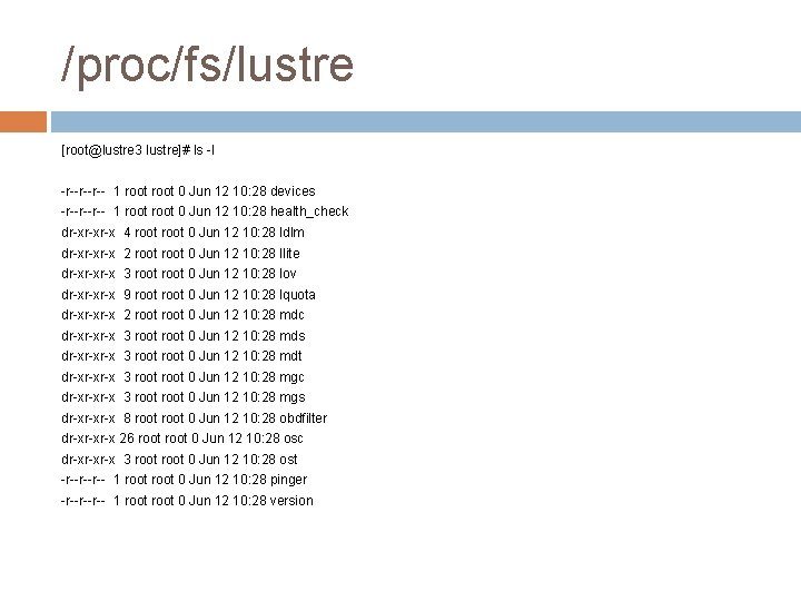 /proc/fs/lustre [root@lustre 3 lustre]# ls -l -r--r--r-- 1 root 0 Jun 12 10: 28