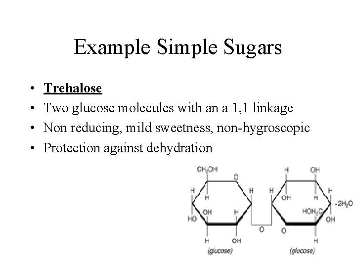 Example Simple Sugars • • Trehalose Two glucose molecules with an a 1, 1