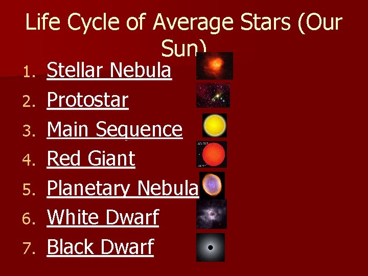 Life Cycle of Average Stars (Our Sun) 1. 2. 3. 4. 5. 6. 7. Life Cycle of Average Stars (Our Sun) 1. 2. 3. 4. 5. 6. 7.