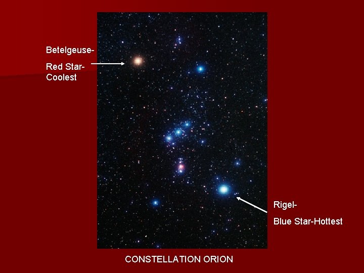 Betelgeuse. Red Star. Coolest Rigel. Blue Star-Hottest CONSTELLATION ORION Betelgeuse. Red Star. Coolest Rigel. Blue Star-Hottest CONSTELLATION ORION