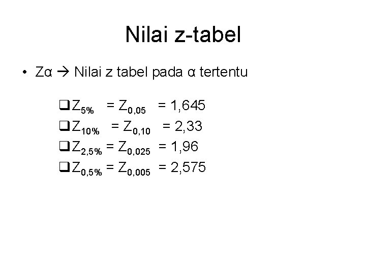 Nilai z-tabel • Zα Nilai z tabel pada α tertentu Z 5% = Z