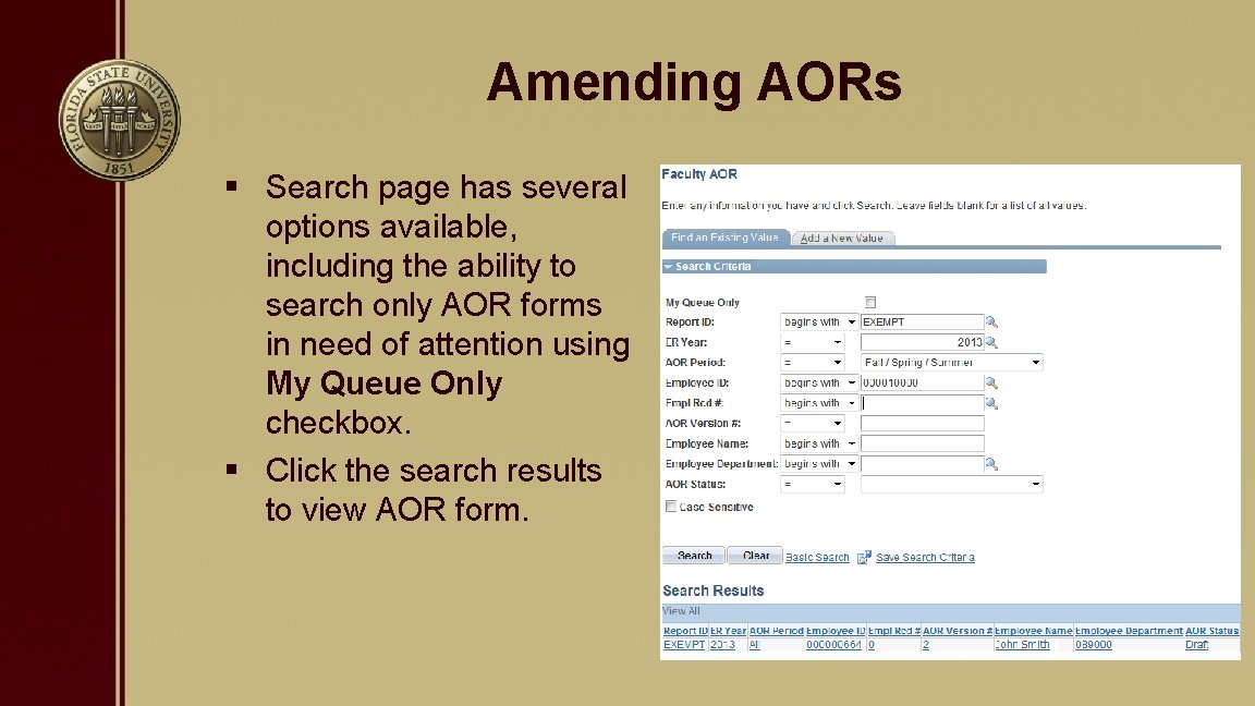 Amending AORs § Search page has several options available, including the ability to search
