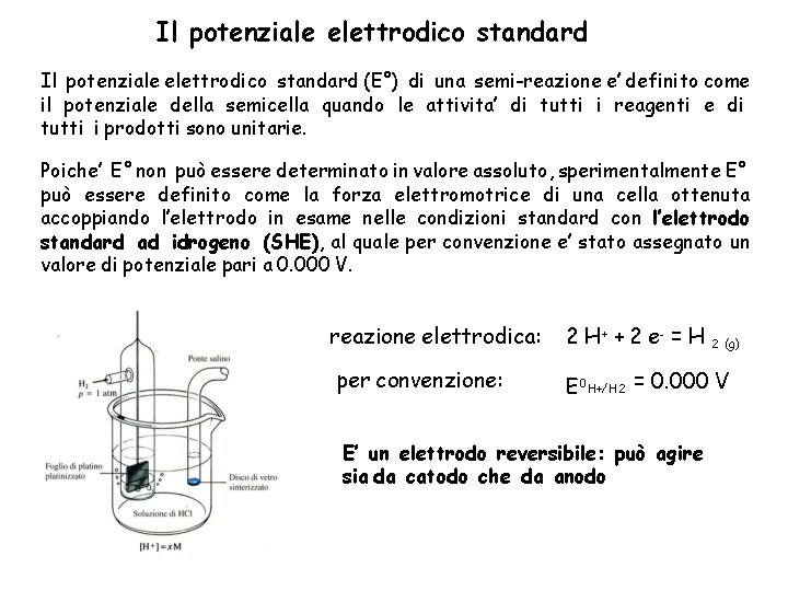 Il potenziale elettrodico standard (E°) di una semi-reazione e’ definito come il potenziale della