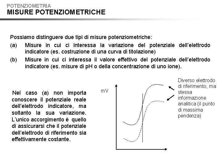 POTENZIOMETRIA MISURE POTENZIOMETRICHE Possiamo distinguere due tipi di misure potenziometriche: (a) Misure in cui