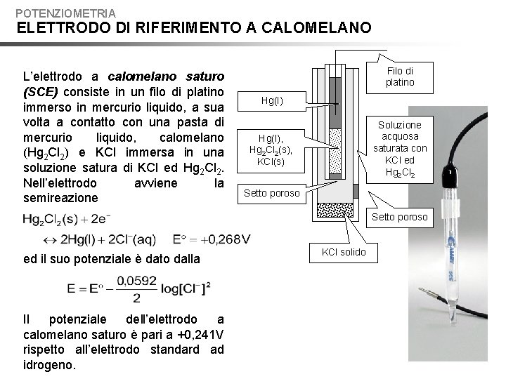 POTENZIOMETRIA ELETTRODO DI RIFERIMENTO A CALOMELANO L’elettrodo a calomelano saturo (SCE) consiste in un