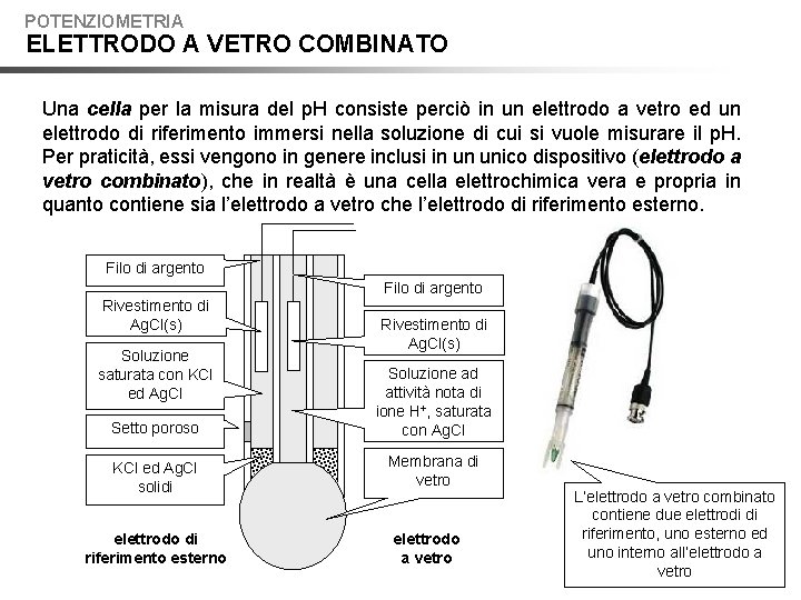 POTENZIOMETRIA ELETTRODO A VETRO COMBINATO Una cella per la misura del p. H consiste