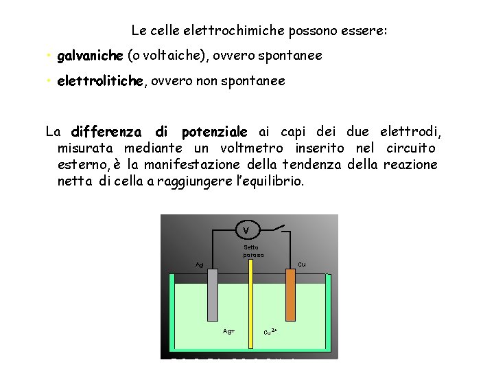 Le celle elettrochimiche possono essere: • galvaniche (o voltaiche), ovvero spontanee • elettrolitiche, ovvero