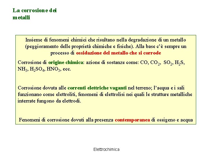 La corrosione dei metalli Insieme di fenomeni chimici che risultano nella degradazione di un