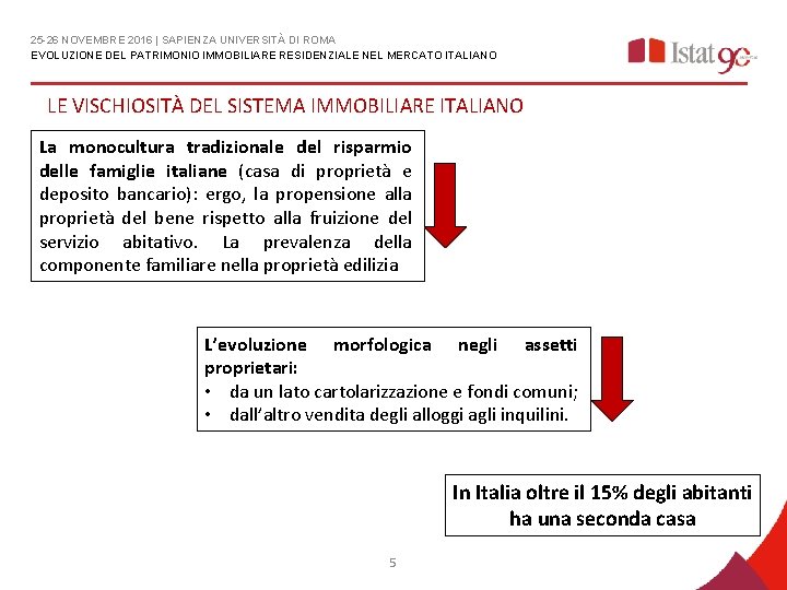 25 -26 NOVEMBRE 2016 | SAPIENZA UNIVERSITÀ DI ROMA EVOLUZIONE DEL PATRIMONIO IMMOBILIARE RESIDENZIALE