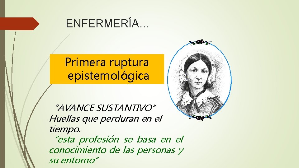 ENFERMERÍA… Primera ruptura epistemológica “AVANCE SUSTANTIVO” Huellas que perduran en el tiempo. “esta profesión ENFERMERÍA… Primera ruptura epistemológica “AVANCE SUSTANTIVO” Huellas que perduran en el tiempo. “esta profesión