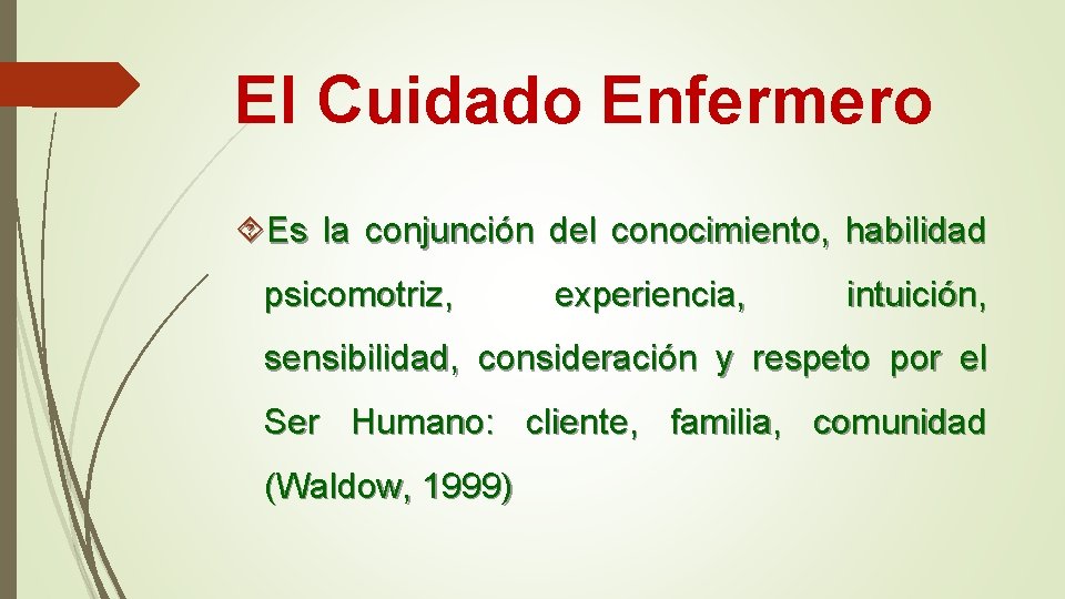 El Cuidado Enfermero Es la conjunción del conocimiento, habilidad psicomotriz, experiencia, intuición, sensibilidad, consideración El Cuidado Enfermero Es la conjunción del conocimiento, habilidad psicomotriz, experiencia, intuición, sensibilidad, consideración