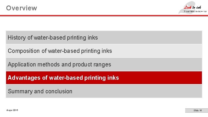 Overview History of water-based printing inks Composition of water-based printing inks Application methods and