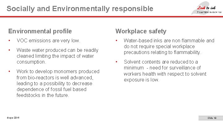 Socially and Environmentally responsible Environmental profile Workplace safety • VOC emissions are very low.