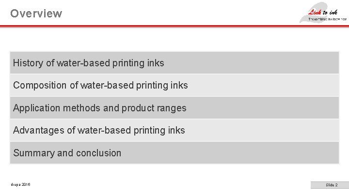 Overview History of water-based printing inks Composition of water-based printing inks Application methods and