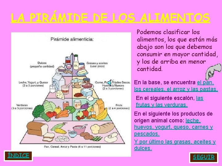 LA PIRÁMIDE DE LOS ALIMENTOS Podemos clasificar los alimentos, los que están más abajo