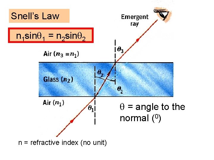 Snell’s Law n 1 sin 1 = n 2 sin 2 = angle to