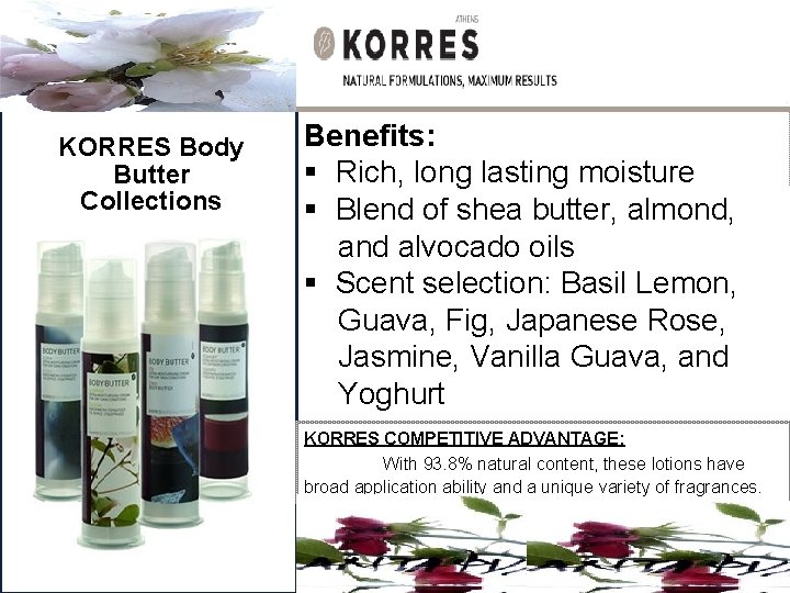 KORRES Body Butter Collections Benefits: § Rich, long lasting moisture § Blend of shea