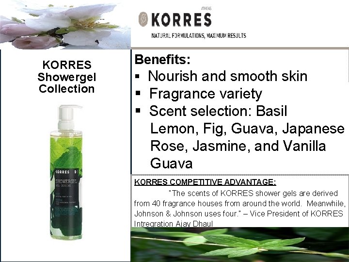 KORRES Showergel Collection Benefits: § Nourish and smooth skin § Fragrance variety § Scent