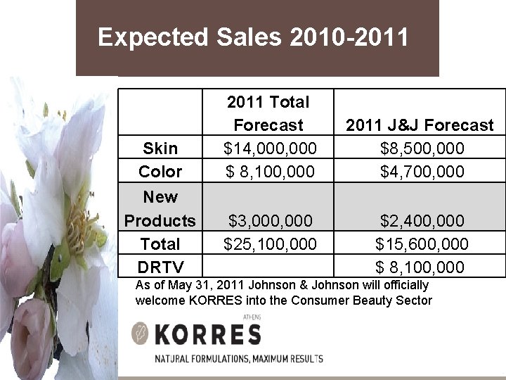 Expected Sales 2010 -2011 Skin Color 2011 Total Forecast $14, 000 $ 8, 100,