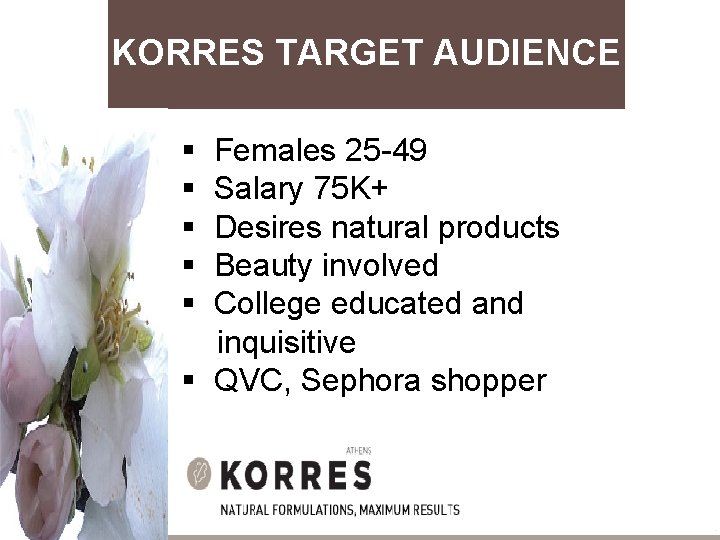 KORRES TARGET AUDIENCE § Females 25 -49 § Salary 75 K+ § Desires natural