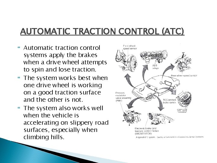 AUTOMATIC TRACTION CONTROL (ATC) Automatic traction control systems apply the brakes when a drive