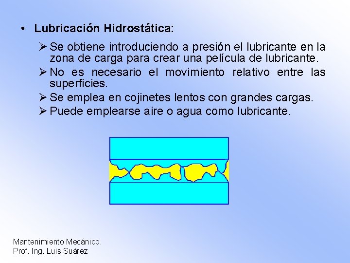  • Lubricación Hidrostática: Ø Se obtiene introduciendo a presión el lubricante en la