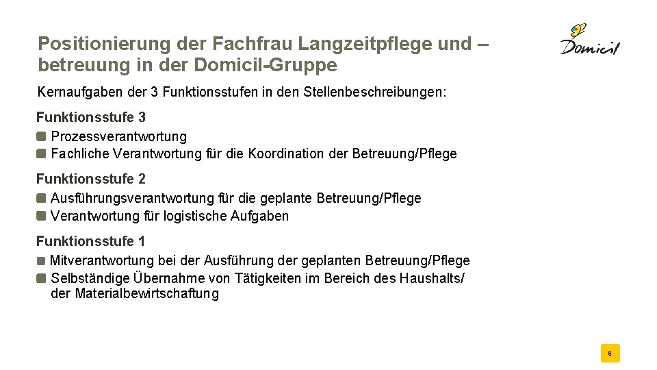 Positionierung der Fachfrau Langzeitpflege und – betreuung in der Domicil-Gruppe Kernaufgaben der 3 Funktionsstufen