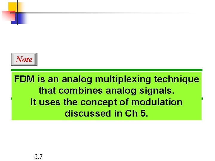 Note FDM is an analog multiplexing technique that combines analog signals. It uses the