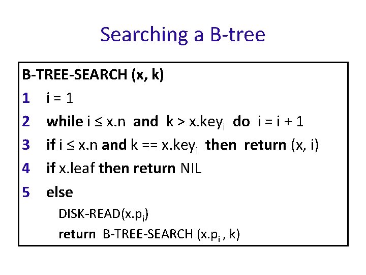 Searching a B-tree B-TREE-SEARCH (x, k) 1 i=1 2 while i ≤ x. n