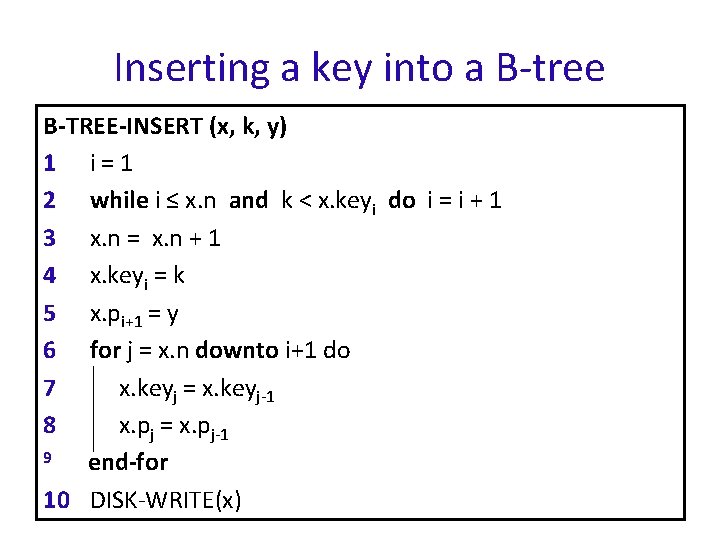 Inserting a key into a B-tree B-TREE-INSERT (x, k, y) 1 i=1 2 while