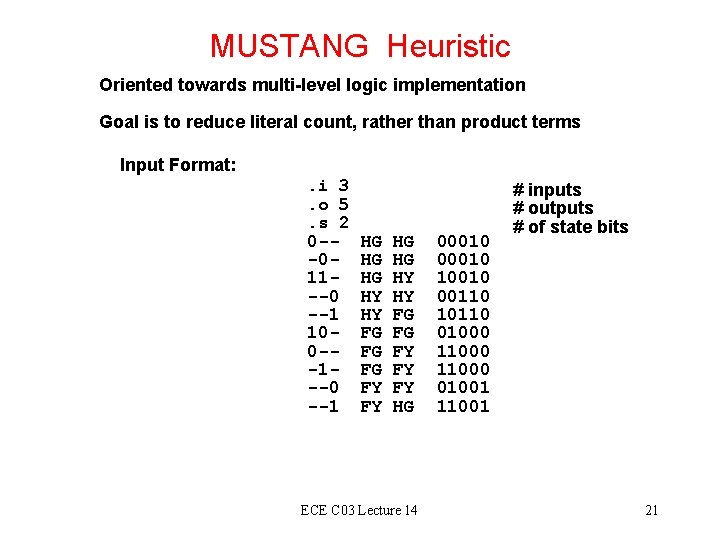 MUSTANG Heuristic Oriented towards multi-level logic implementation Goal is to reduce literal count, rather