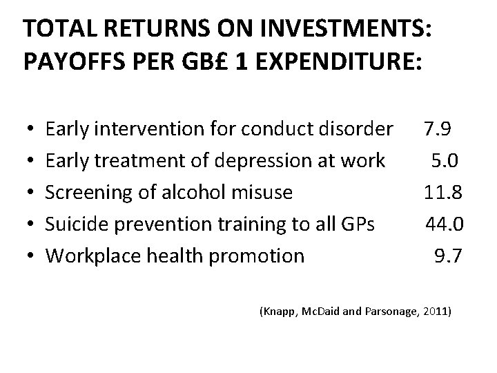 TOTAL RETURNS ON INVESTMENTS: PAYOFFS PER GB£ 1 EXPENDITURE: • • • Early intervention