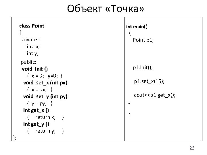 Объект «Точка» class Point { private : int x; int y; public: void Init