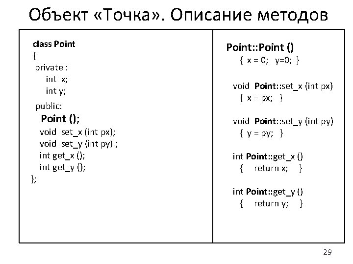 Объект «Точка» . Описание методов class Point { private : int x; int y;