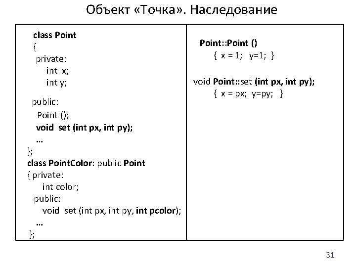 Объект «Точка» . Наследование class Point { private: int x; int y; Point: :