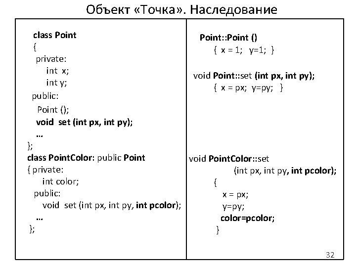 Объект «Точка» . Наследование class Point { private: int x; int y; public: Point