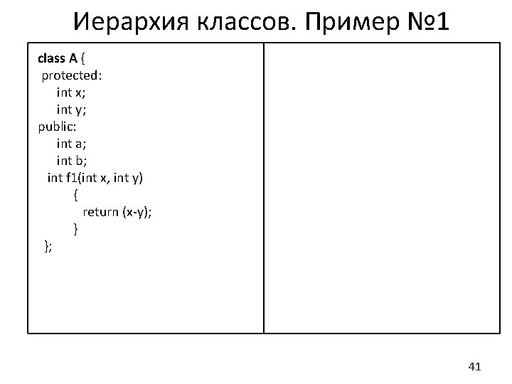 Иерархия классов. Пример № 1 class A { protected: int x; int y; public: