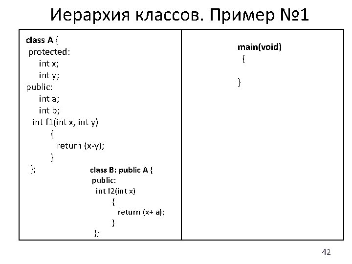 Иерархия классов. Пример № 1 class A { protected: int x; int y; public: