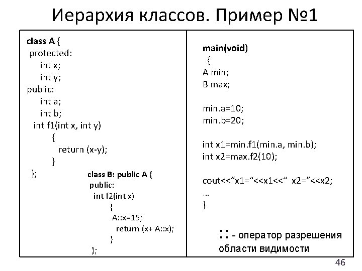 Иерархия классов. Пример № 1 class A { protected: int x; int y; public: