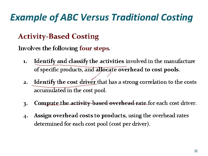 Example of ABC Versus Traditional Costing Activity-Based Costing Involves the following four steps. 1.