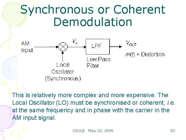Synchronous or Coherent Demodulation This is relatively more complex and more expensive. The Local
